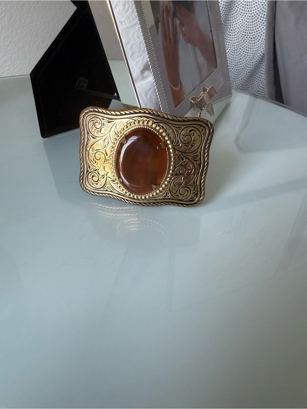 Gold Ornate Belt Buckle with Amber Center